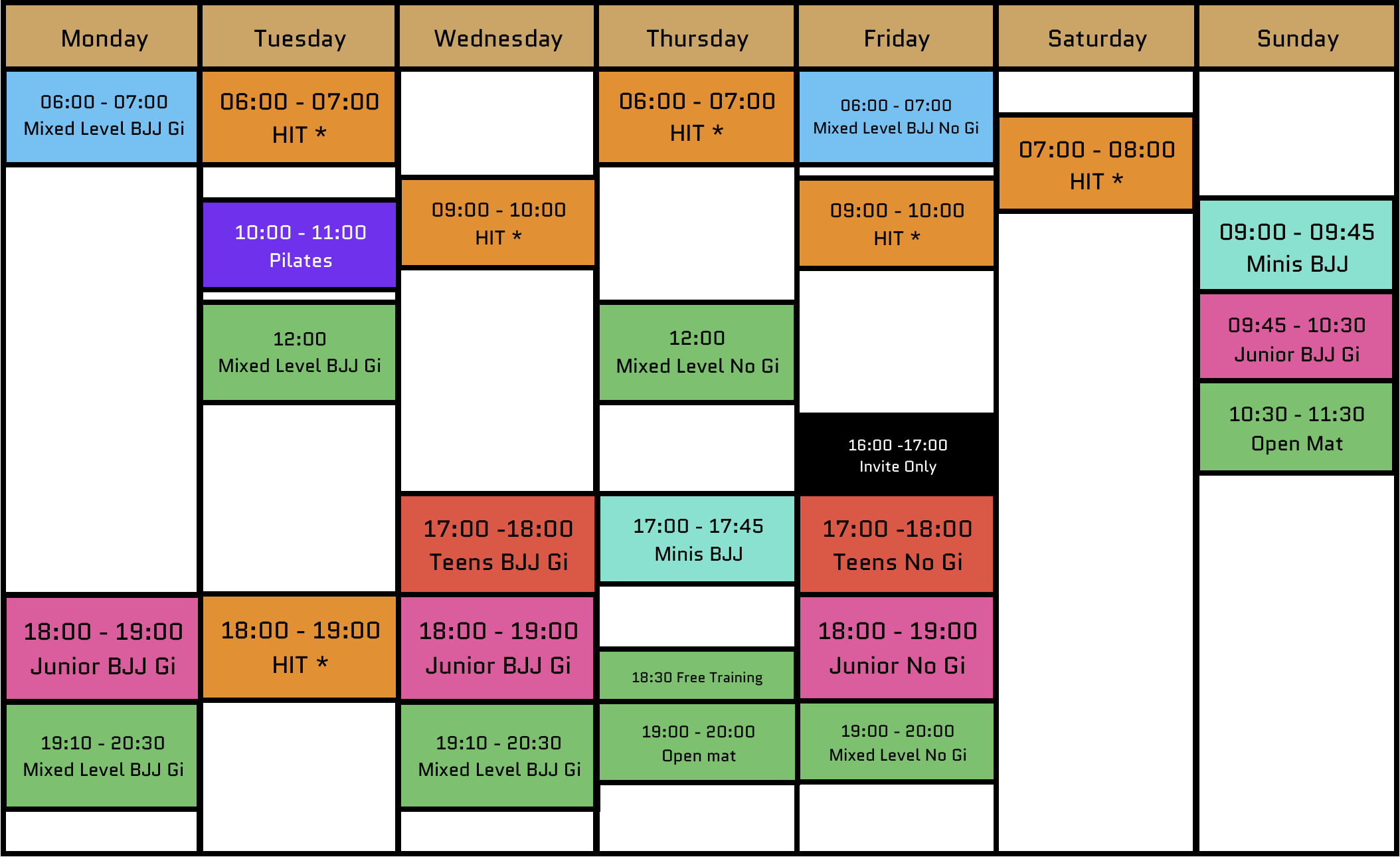 Timetable September 2025 Gi, No Gi Brazilian Jiu Jitsu BJJ classes and Fitness HIT session